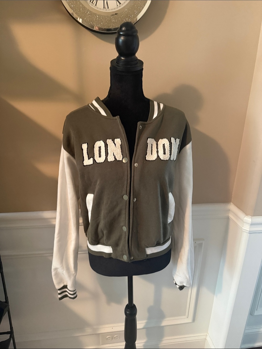 Olive Green and White 'LONDON' Letterman Jacket